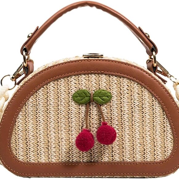 Versatile Cherry Straw Handbag with Removable Strap - Perfect for Summer Outings - Picture 1 of 6